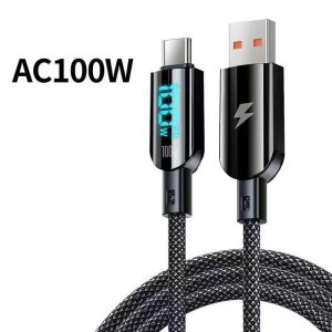 USB - TYPE C 100W ŞARJ KABLOSU - VOLTAJ GÖSTERGELİ örgü kablo - 100W Voltaj Göstergeli USB-C - USB-C Örgü Şarj Kablosu