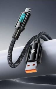 USB - TYPE C 100W ŞARJ KABLOSU - VOLTAJ GÖSTERGELİ örgü kablo - 100W Voltaj Göstergeli USB-C - USB-C Örgü Şarj Kablosu