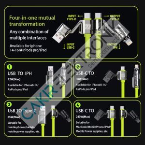 PD 240W 4in1 - 240W 4'ü 1 arada Hızlı Şarj Veri Kablosu 1 Metre Type C (USB)'den Type C (Lightning) Hızlı Kablo Siyah