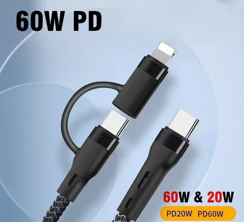 PD 60W 2in1 - 60W 2'si 1 arada Hızlı Şarj Veri Kablosu Type C 'den Type C (Lightning) Hızlı Kablo Siyah