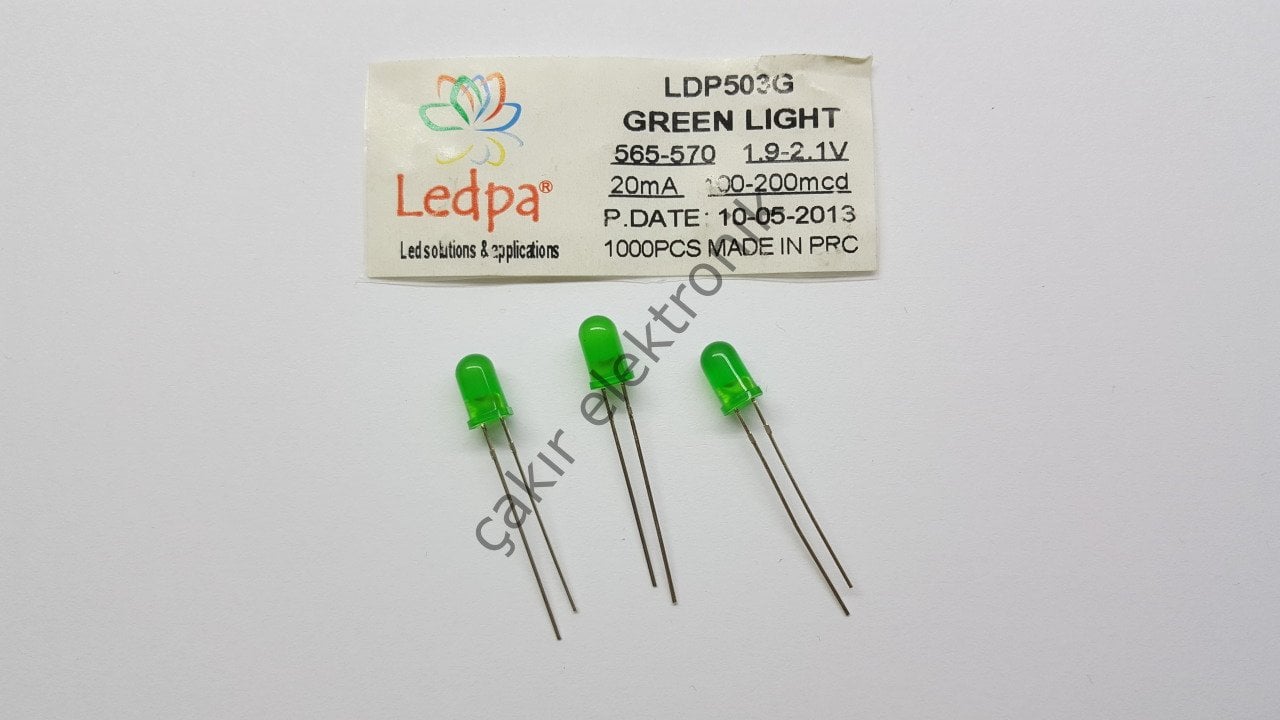 5MM YEŞİL LED 20MA - 565-570 NM - 1,9 - 2,1V - 100 - 200 MCD 50 ADETTİR