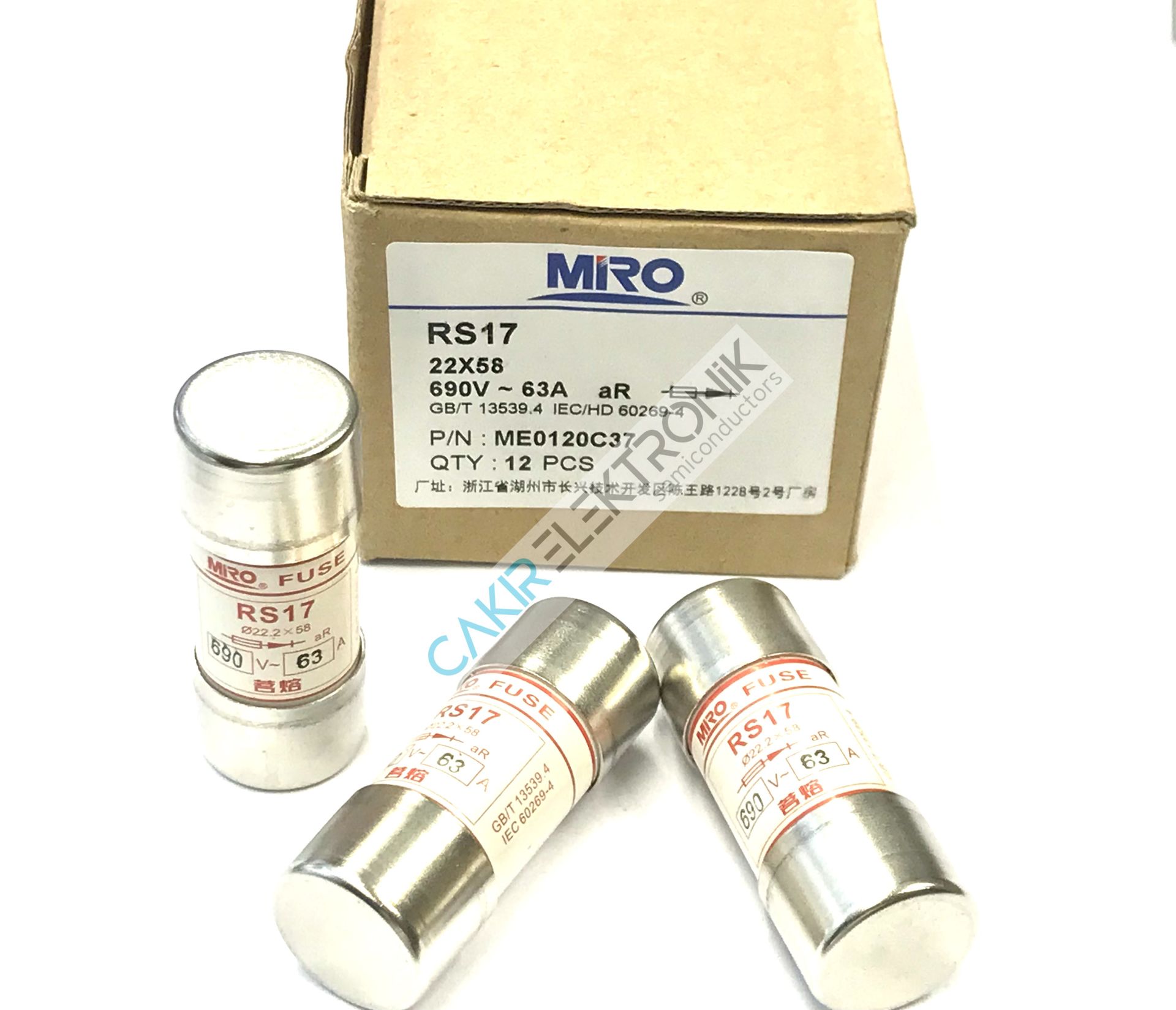 RS17 690V~ 63A , MIRO FUSE , MİRO SİGORTA  22x58 aR HIZLI SİLİNDİRİK PORSELEN SİGORTA , KARTUŞ SİGORTA , RS17 22X38 F63A