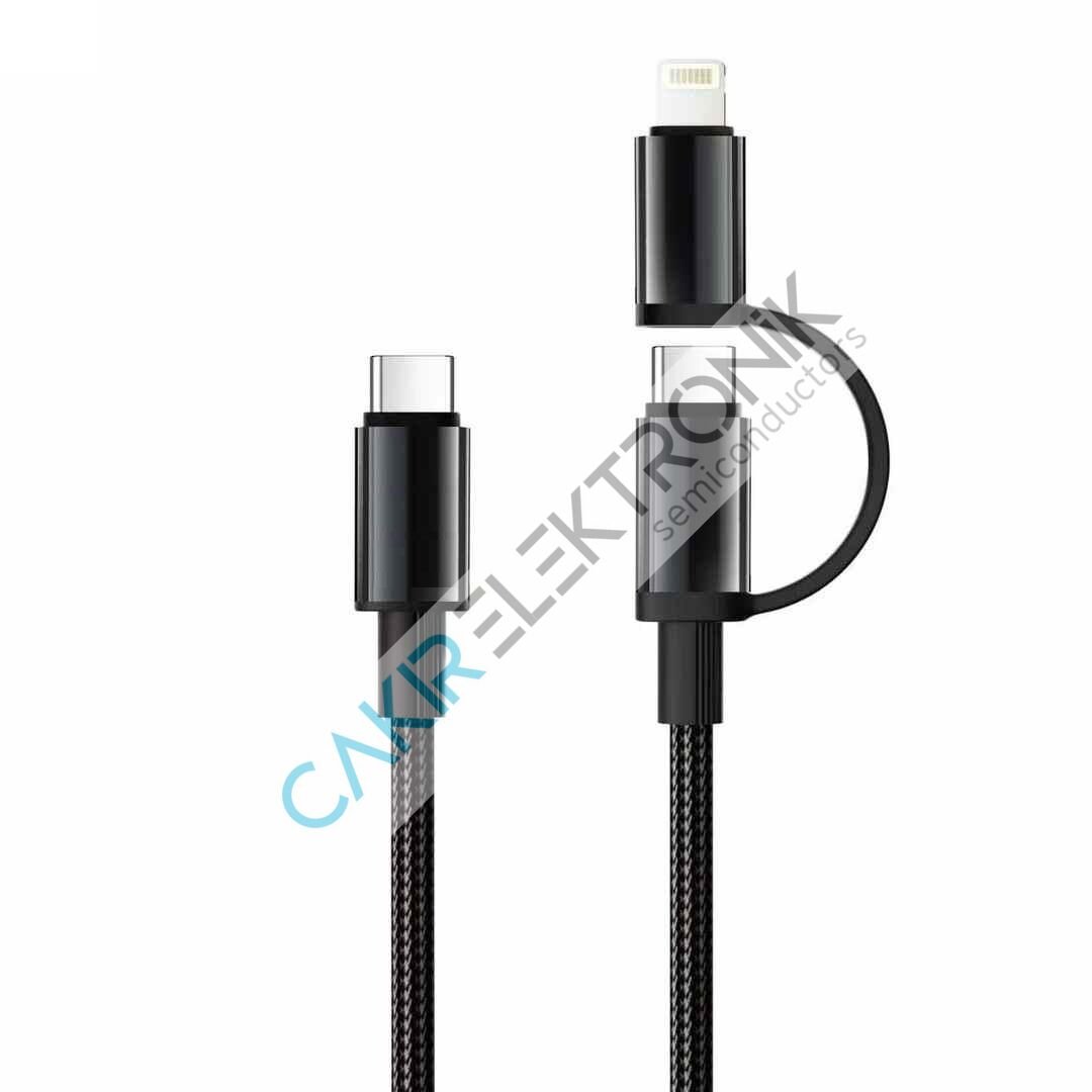 60W 2'si 1 arada Hızlı Şarj Veri Kablosu 1 Metre Type C'den Type C (Lightning) Hızlı Kablo Siyah