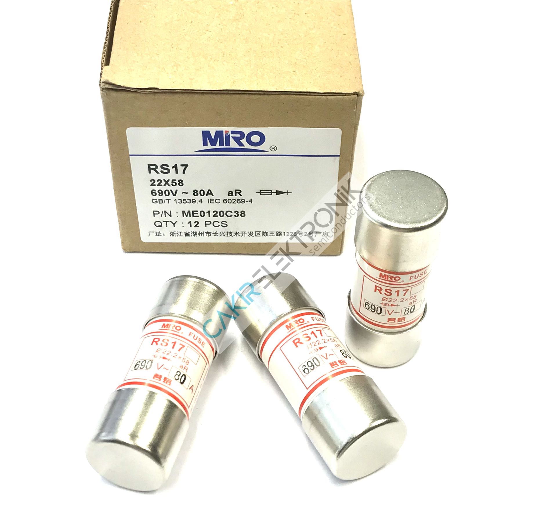 RS17 690V~ 80A , MIRO FUSE , MİRO SİGORTA  22x58 aR HIZLI SİLİNDİRİK PORSELEN SİGORTA , KARTUŞ SİGORTA , RS17 22X38 F80A