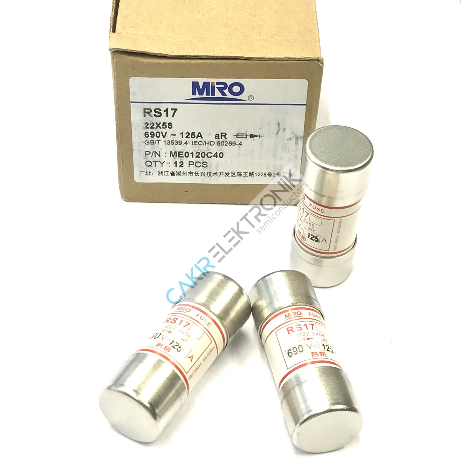 RS17 690V~ 125A , MIRO FUSE , MİRO SİGORTA  22x58 aR HIZLI SİLİNDİRİK PORSELEN SİGORTA , KARTUŞ SİGORTA , RS17 22X38 F125A