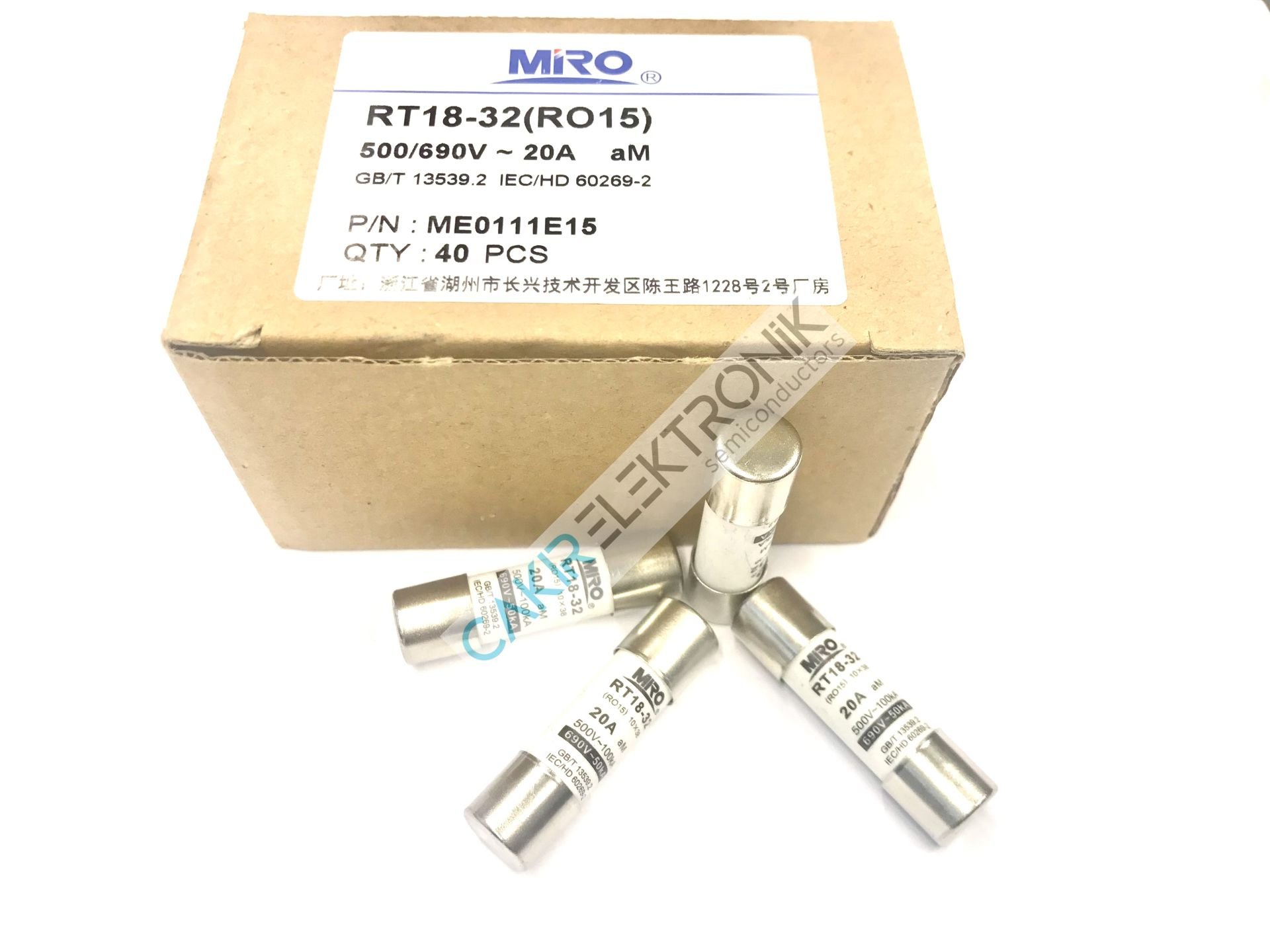 RT18-32 10X38 T20A MIRO FUSE , MİRO SİGORTA 10x38 RO15 500V 20A aM , KARTUŞ SİGORTA , GECİKMELİ SİGORTA