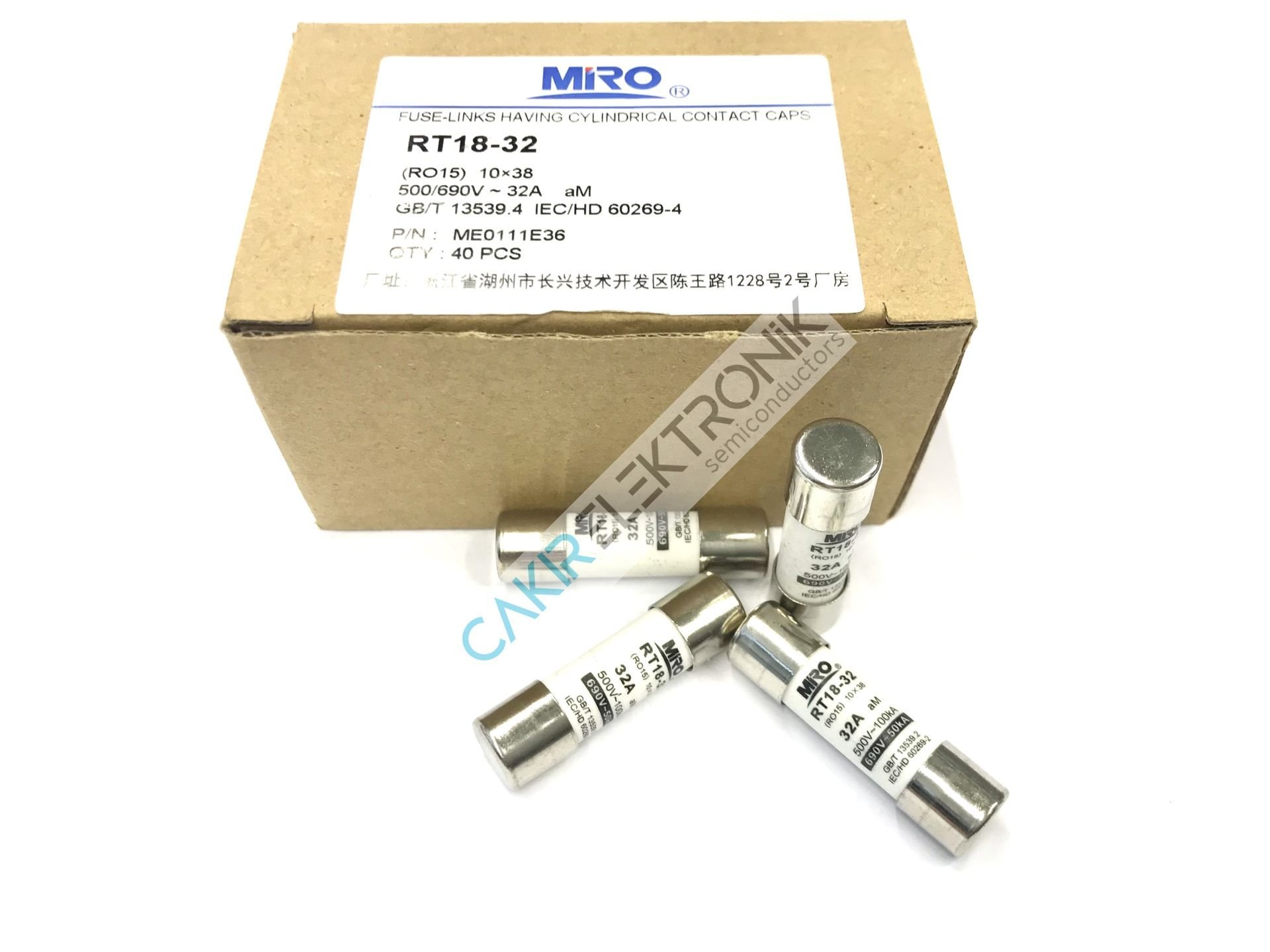 RT18-32 10X38 T32A MIRO FUSE , MİRO SİGORTA 10x38 RO15 500V 32A aM , KARTUŞ SİGORTA , GECİKMELİ SİGORTA